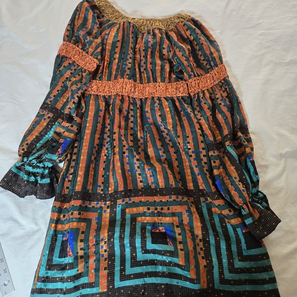 Anna Sui 2008 Silk Dress Long Sleeve Elasticized‎ Smocking  Flare Size 2 XS - Picture 8 of 8